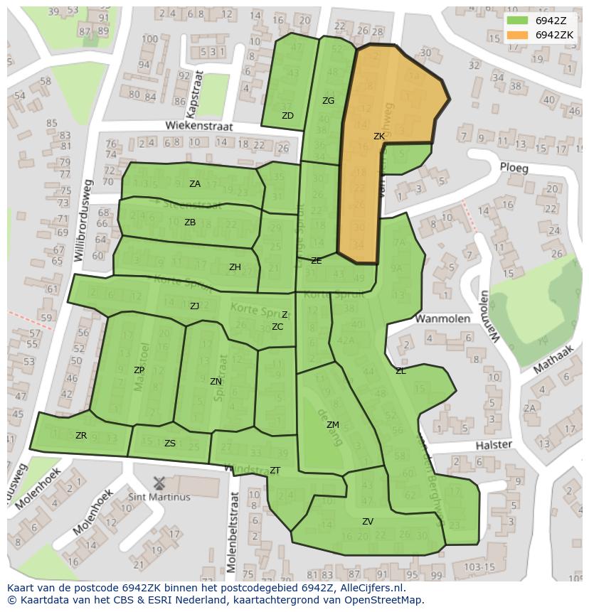 Afbeelding van het postcodegebied 6942 ZK op de kaart.