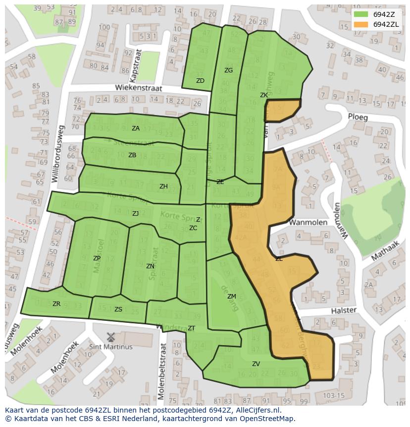Afbeelding van het postcodegebied 6942 ZL op de kaart.