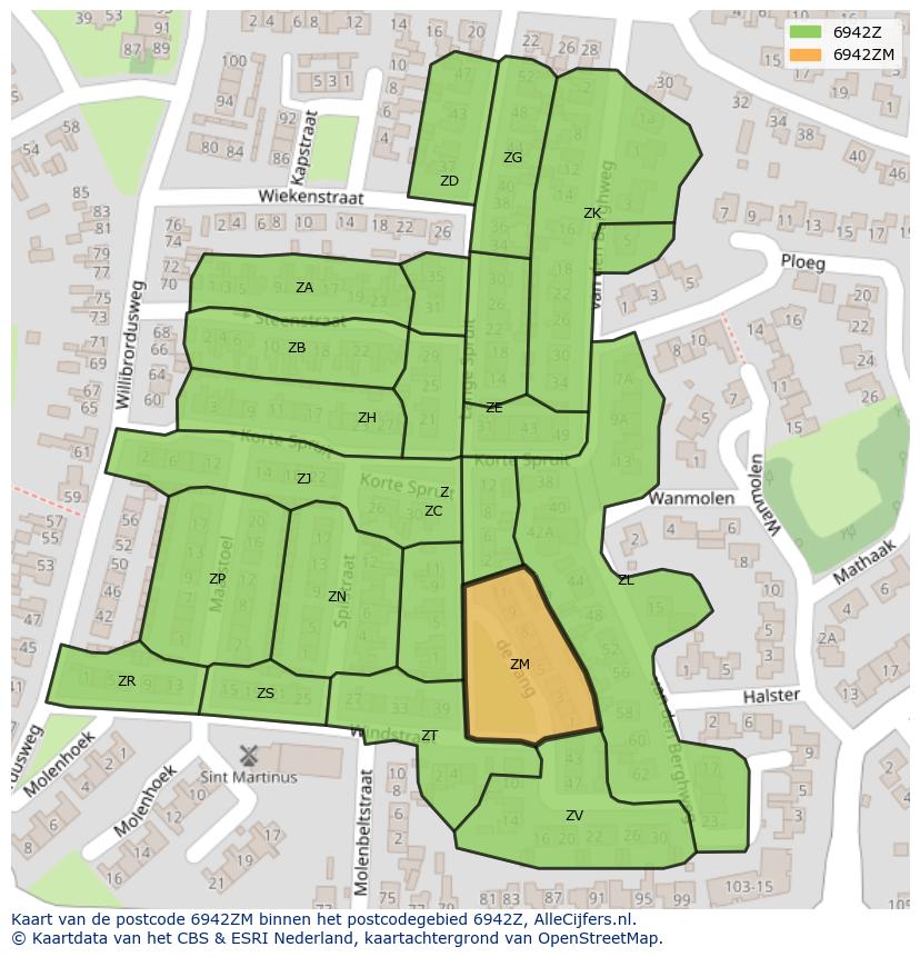 Afbeelding van het postcodegebied 6942 ZM op de kaart.