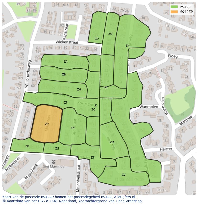 Afbeelding van het postcodegebied 6942 ZP op de kaart.