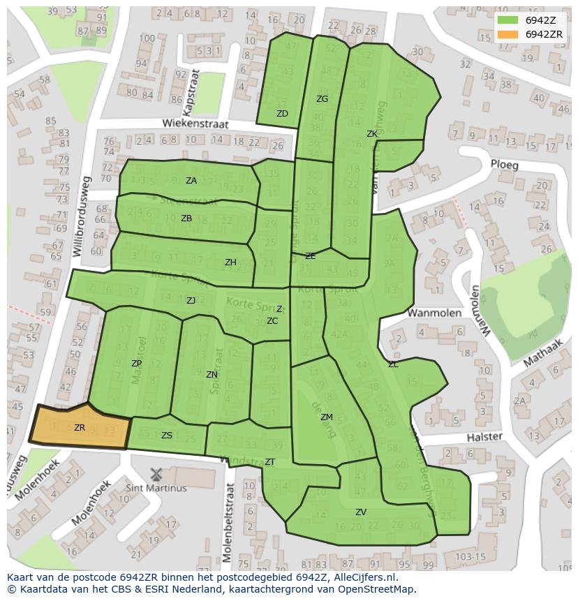Afbeelding van het postcodegebied 6942 ZR op de kaart.