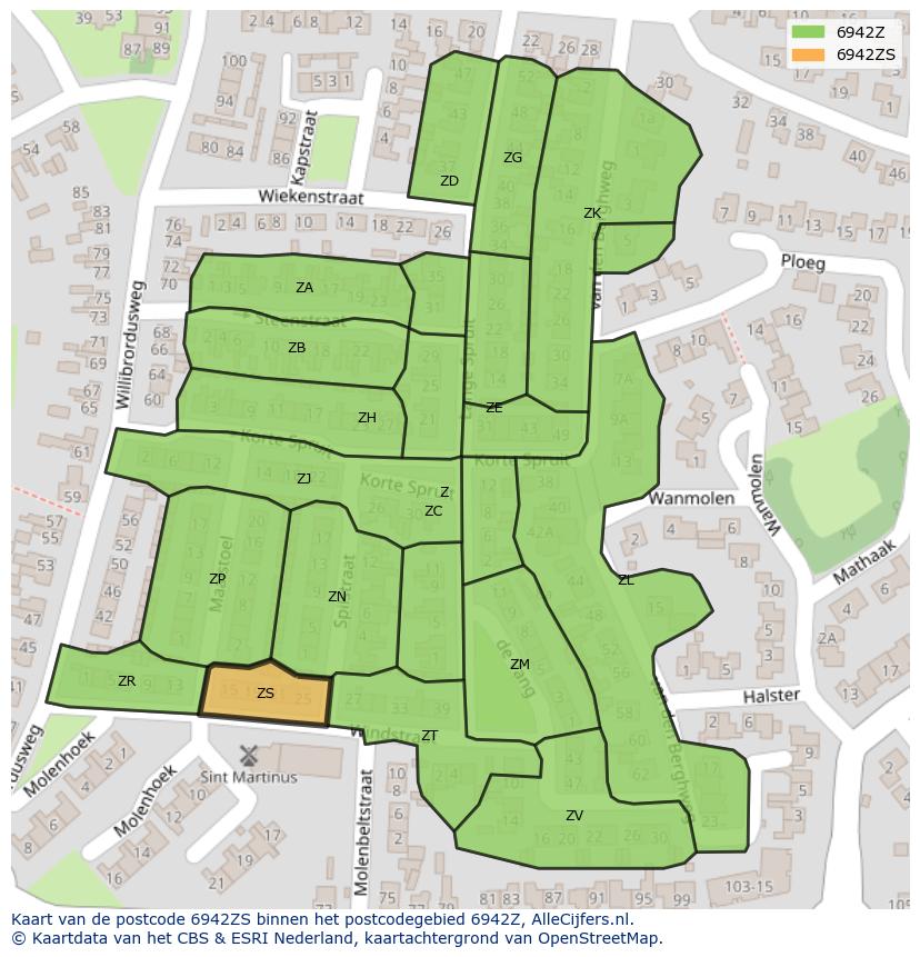 Afbeelding van het postcodegebied 6942 ZS op de kaart.