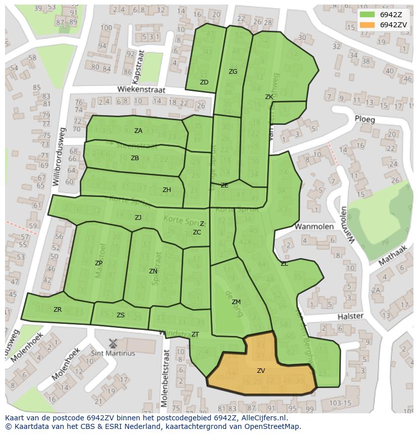 Afbeelding van het postcodegebied 6942 ZV op de kaart.