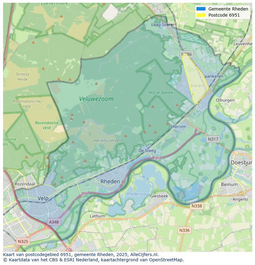 Afbeelding van het postcodegebied 6951 op de kaart.