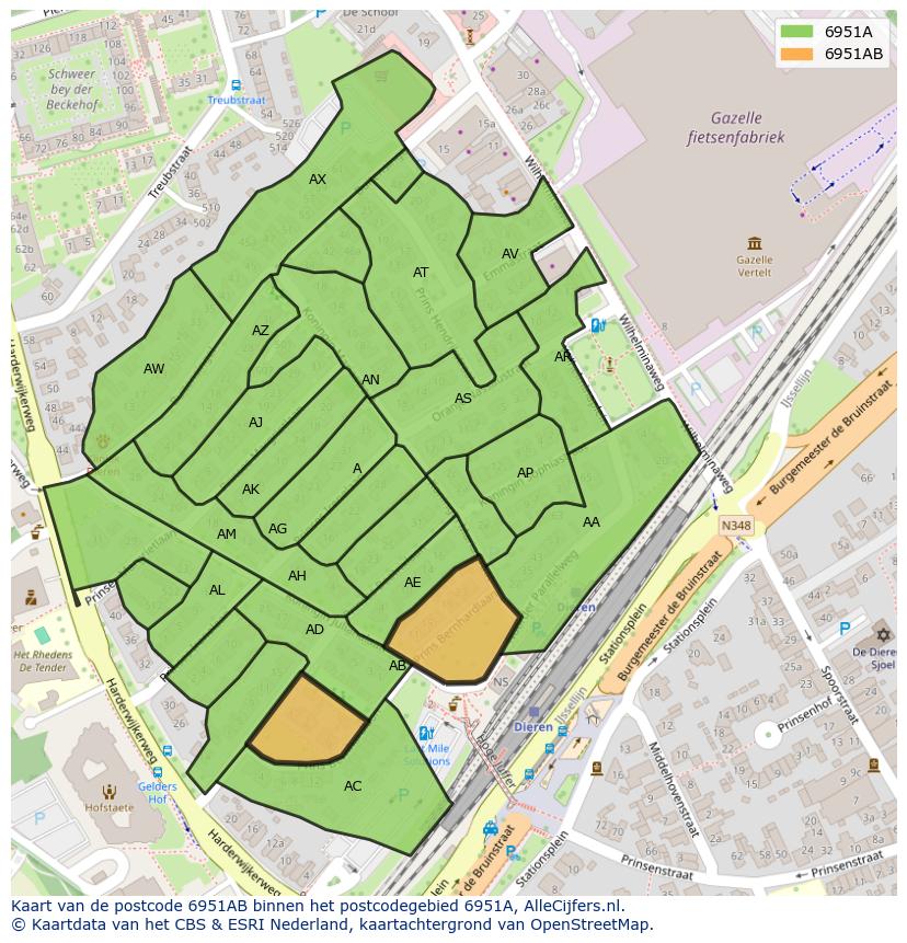 Afbeelding van het postcodegebied 6951 AB op de kaart.