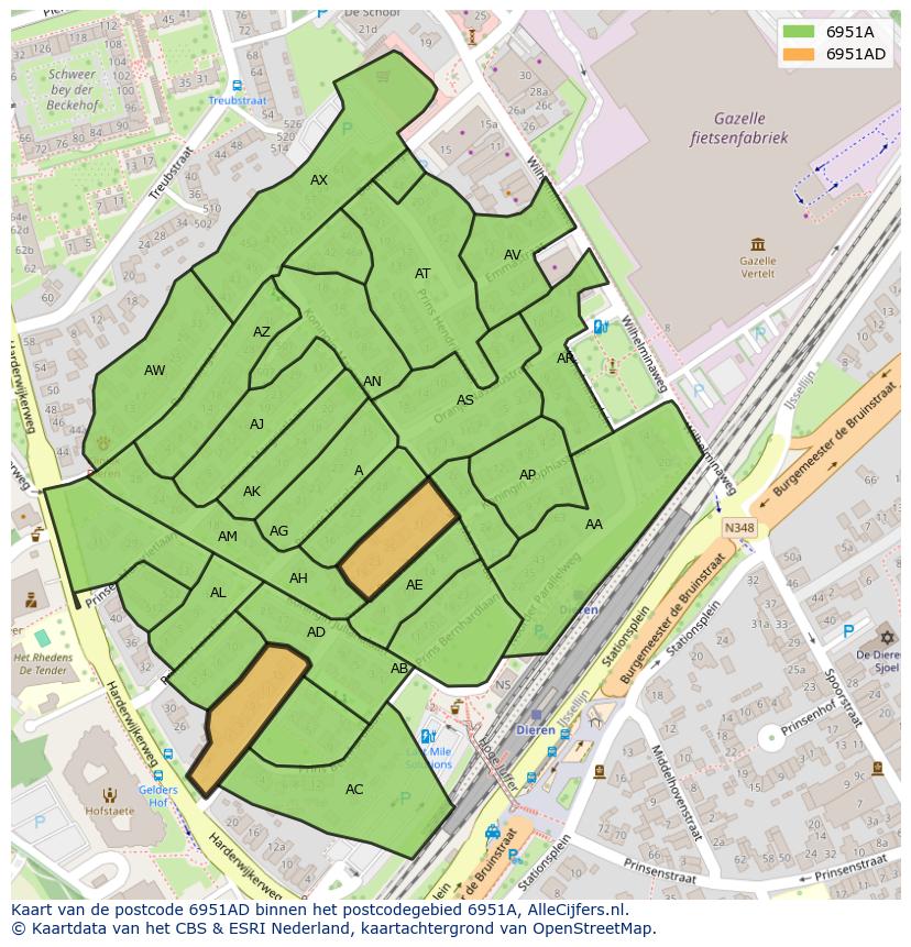 Afbeelding van het postcodegebied 6951 AD op de kaart.
