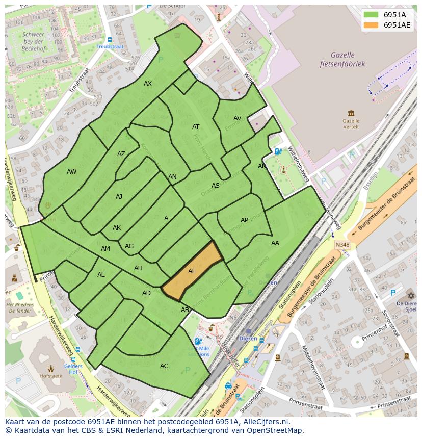 Afbeelding van het postcodegebied 6951 AE op de kaart.