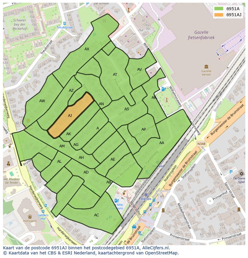Afbeelding van het postcodegebied 6951 AJ op de kaart.