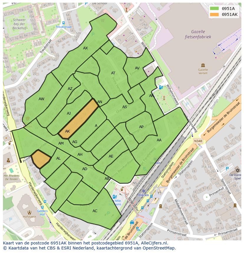 Afbeelding van het postcodegebied 6951 AK op de kaart.