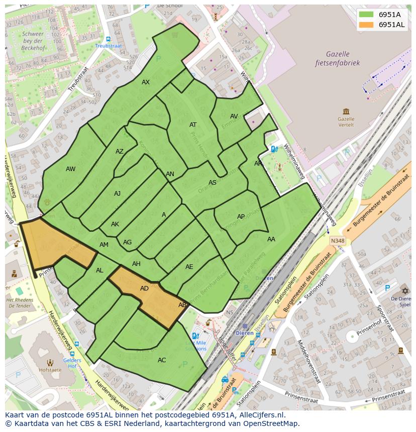 Afbeelding van het postcodegebied 6951 AL op de kaart.