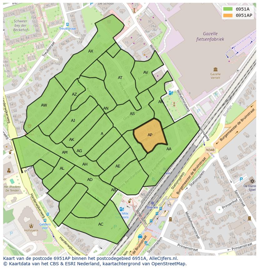 Afbeelding van het postcodegebied 6951 AP op de kaart.