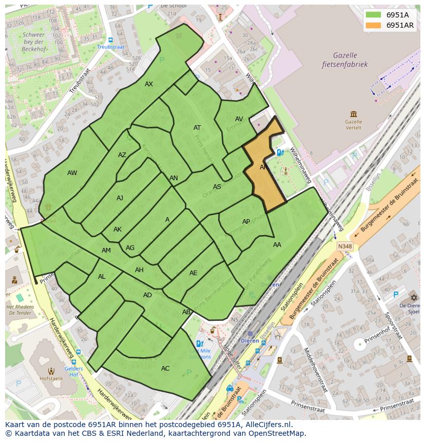 Afbeelding van het postcodegebied 6951 AR op de kaart.