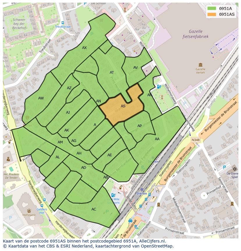 Afbeelding van het postcodegebied 6951 AS op de kaart.