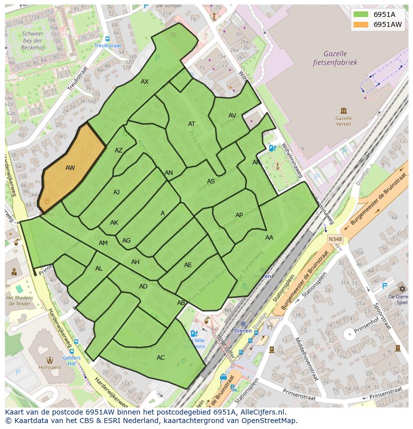 Afbeelding van het postcodegebied 6951 AW op de kaart.