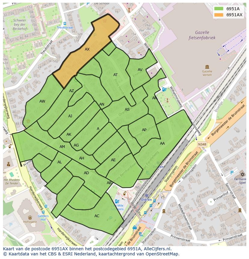 Afbeelding van het postcodegebied 6951 AX op de kaart.