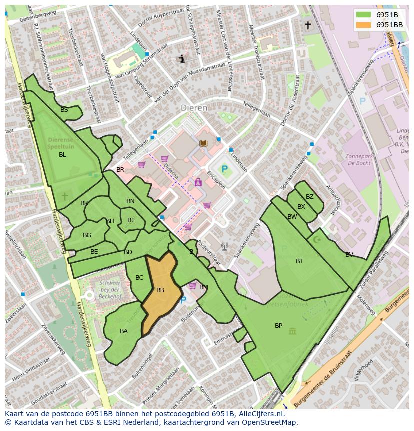 Afbeelding van het postcodegebied 6951 BB op de kaart.
