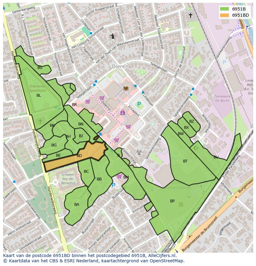 Afbeelding van het postcodegebied 6951 BD op de kaart.
