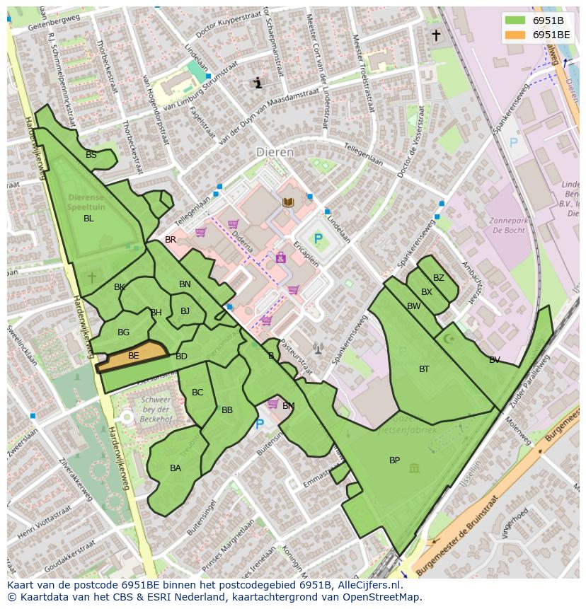 Afbeelding van het postcodegebied 6951 BE op de kaart.