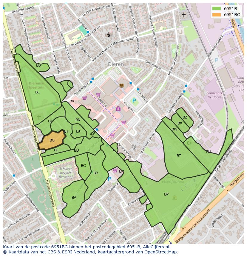 Afbeelding van het postcodegebied 6951 BG op de kaart.