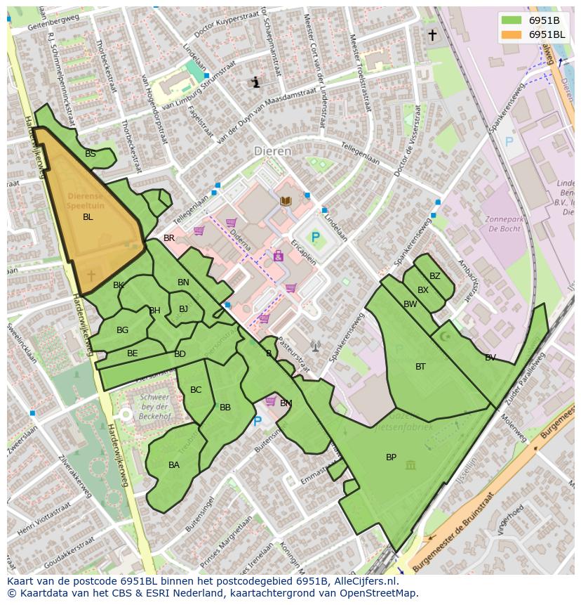 Afbeelding van het postcodegebied 6951 BL op de kaart.
