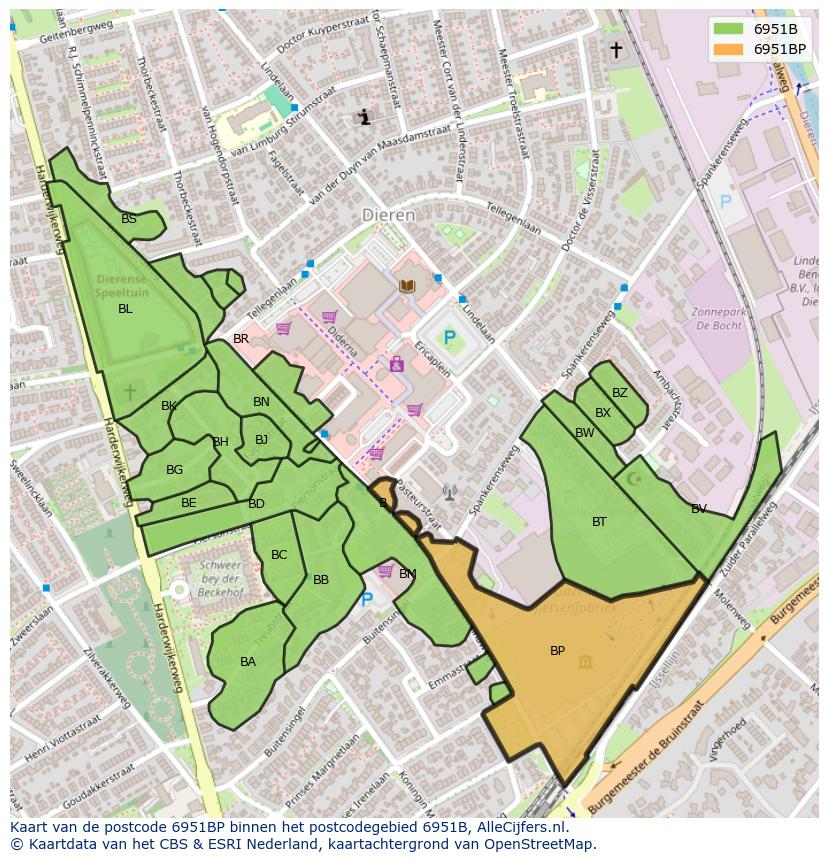 Afbeelding van het postcodegebied 6951 BP op de kaart.