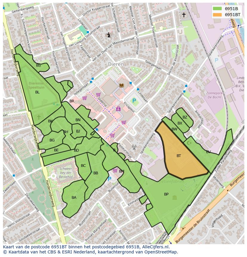 Afbeelding van het postcodegebied 6951 BT op de kaart.