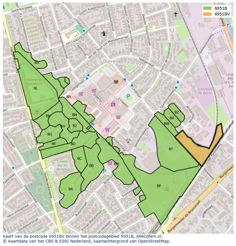 Afbeelding van het postcodegebied 6951 BV op de kaart.