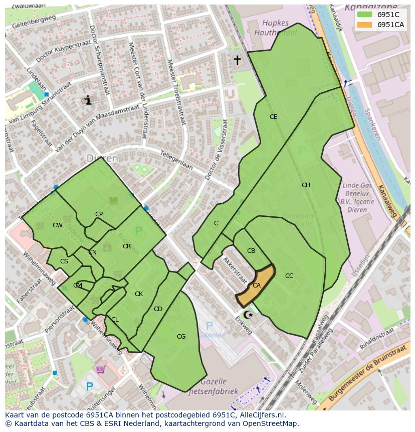 Afbeelding van het postcodegebied 6951 CA op de kaart.