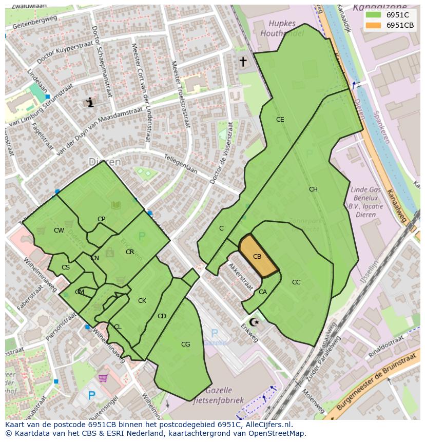 Afbeelding van het postcodegebied 6951 CB op de kaart.