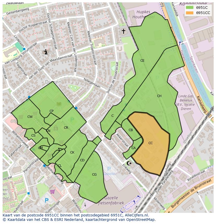 Afbeelding van het postcodegebied 6951 CC op de kaart.
