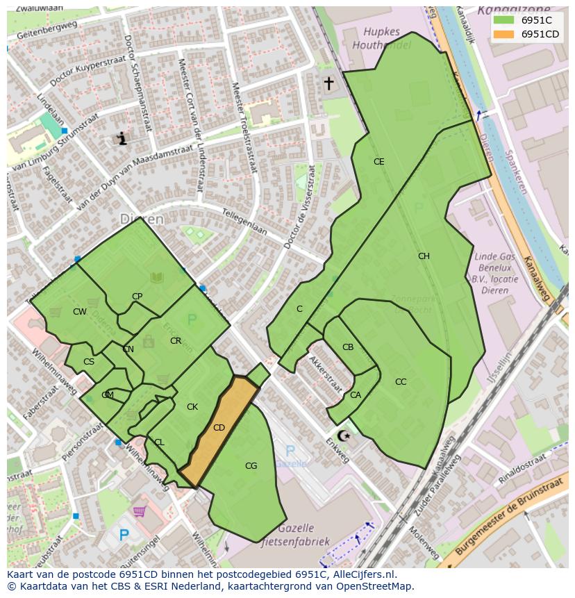 Afbeelding van het postcodegebied 6951 CD op de kaart.