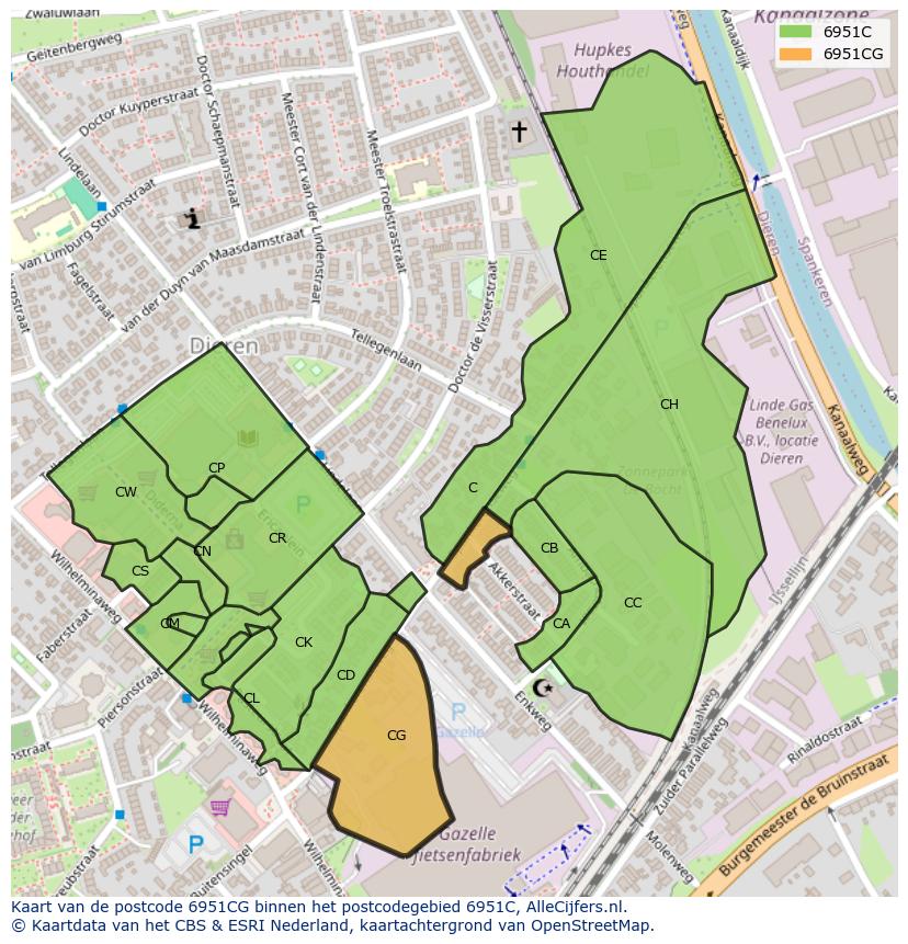 Afbeelding van het postcodegebied 6951 CG op de kaart.