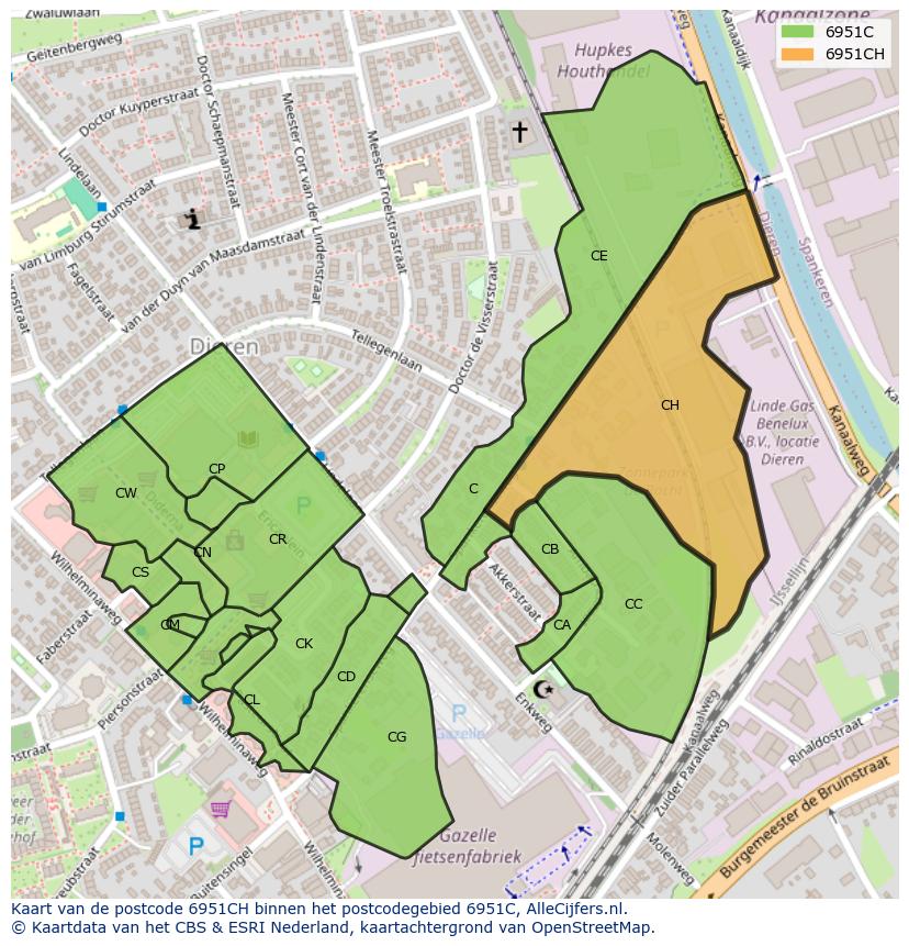 Afbeelding van het postcodegebied 6951 CH op de kaart.