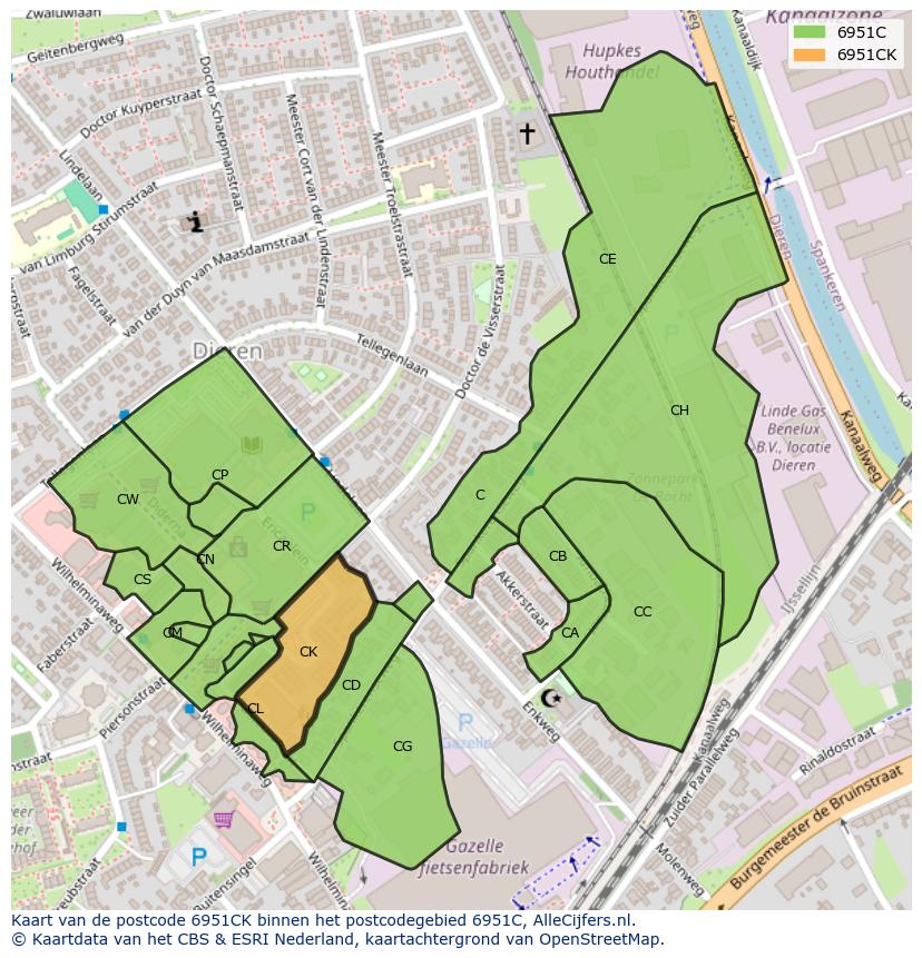 Afbeelding van het postcodegebied 6951 CK op de kaart.