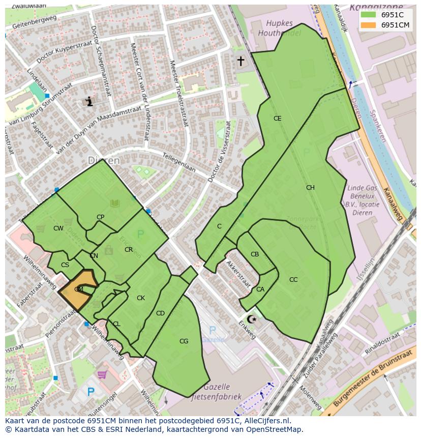 Afbeelding van het postcodegebied 6951 CM op de kaart.