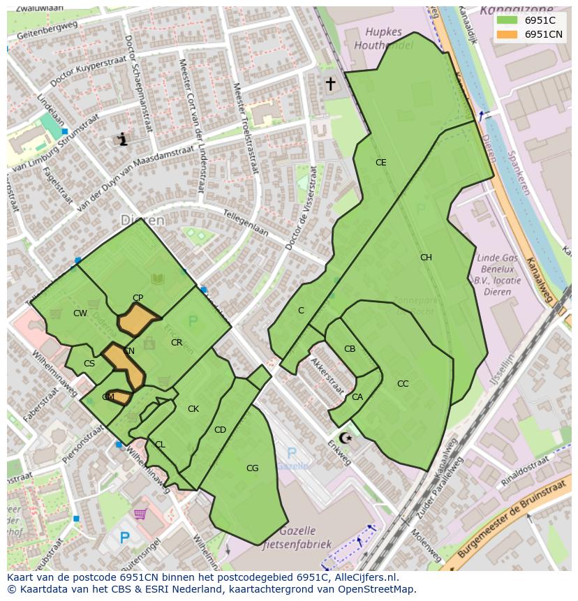 Afbeelding van het postcodegebied 6951 CN op de kaart.