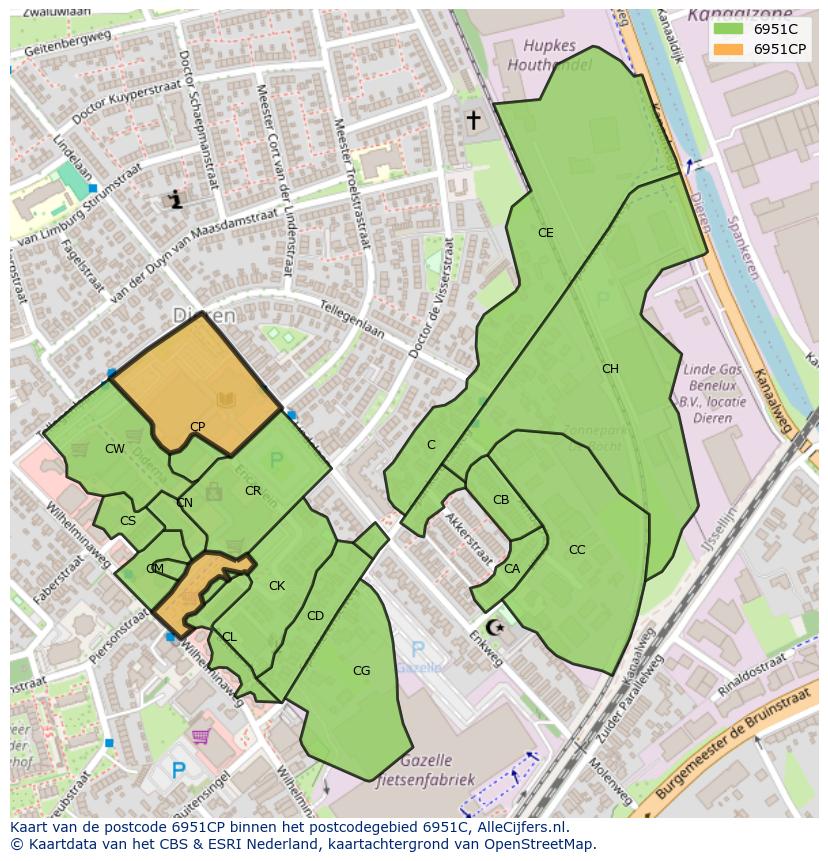 Afbeelding van het postcodegebied 6951 CP op de kaart.
