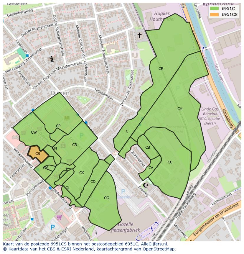 Afbeelding van het postcodegebied 6951 CS op de kaart.