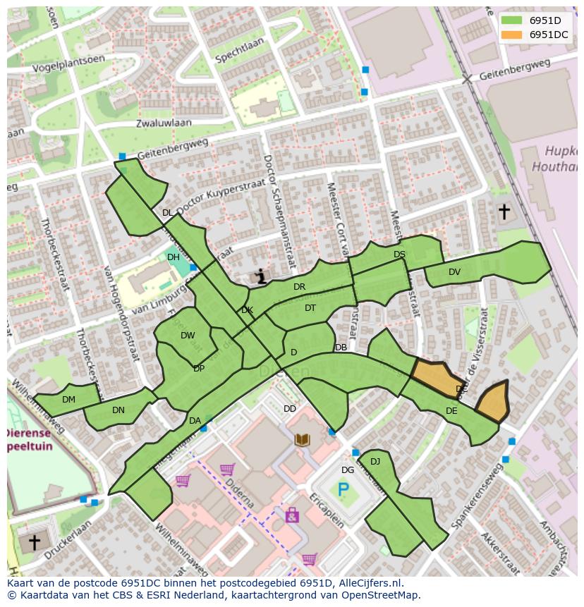 Afbeelding van het postcodegebied 6951 DC op de kaart.