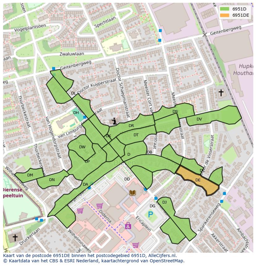 Afbeelding van het postcodegebied 6951 DE op de kaart.