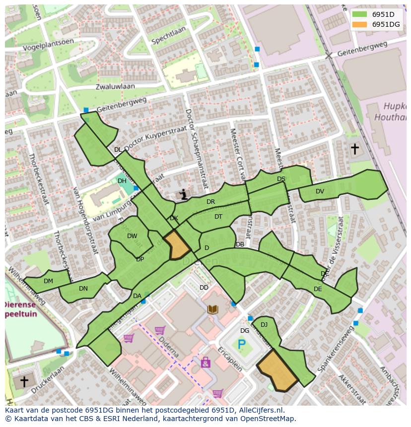 Afbeelding van het postcodegebied 6951 DG op de kaart.