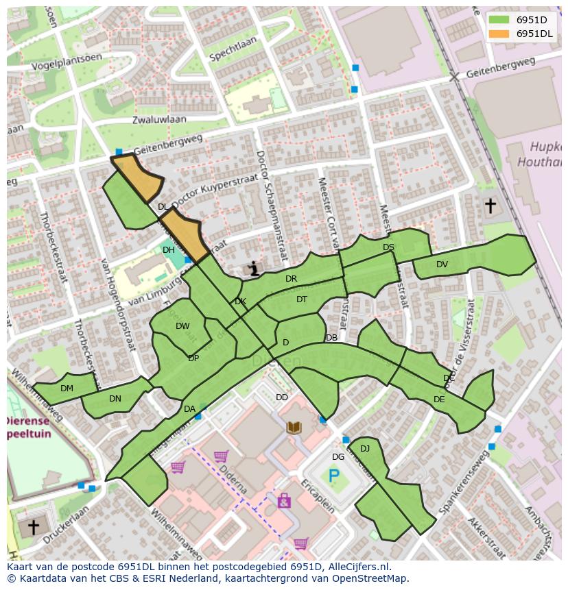 Afbeelding van het postcodegebied 6951 DL op de kaart.