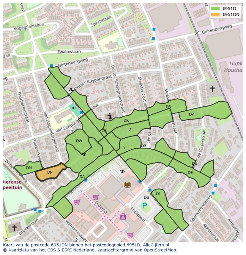 Afbeelding van het postcodegebied 6951 DN op de kaart.
