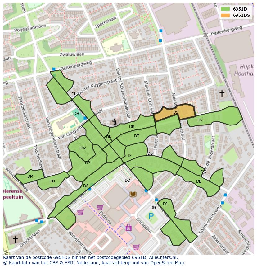 Afbeelding van het postcodegebied 6951 DS op de kaart.