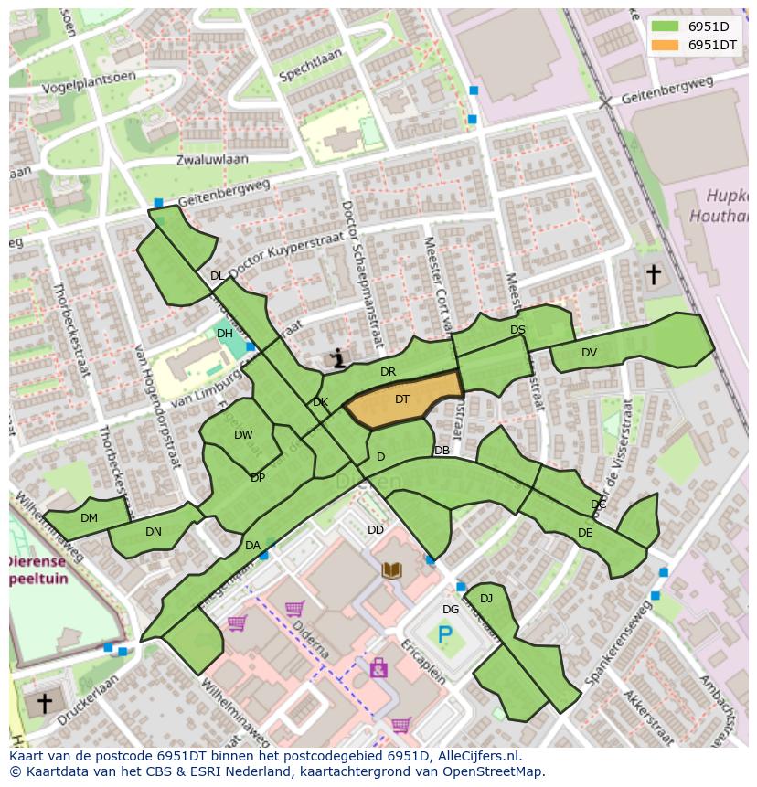 Afbeelding van het postcodegebied 6951 DT op de kaart.