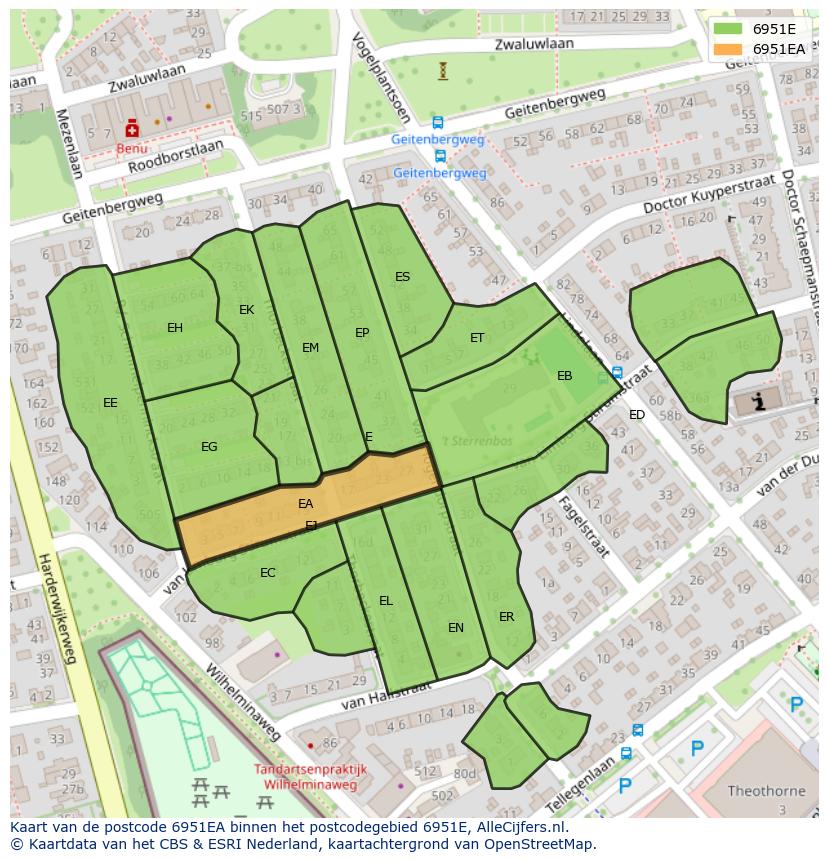 Afbeelding van het postcodegebied 6951 EA op de kaart.