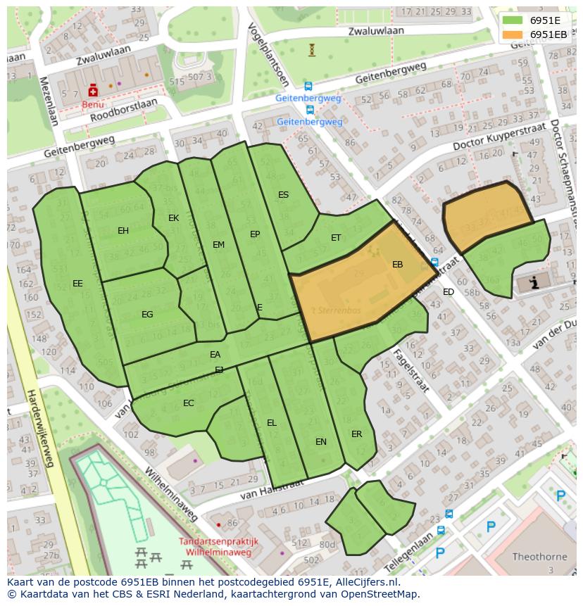 Afbeelding van het postcodegebied 6951 EB op de kaart.