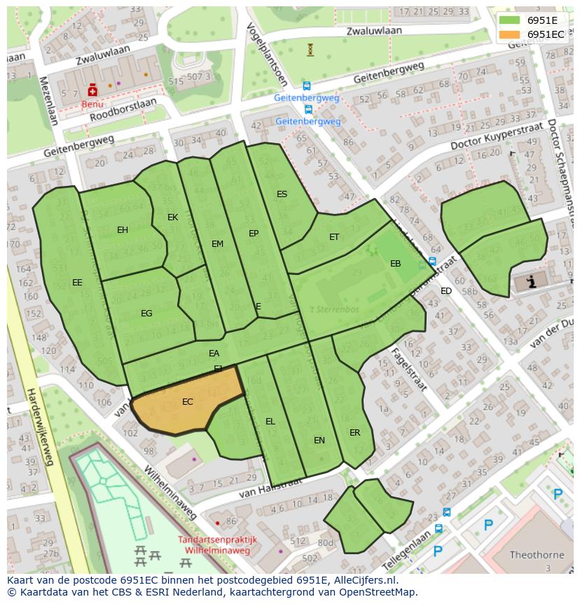 Afbeelding van het postcodegebied 6951 EC op de kaart.