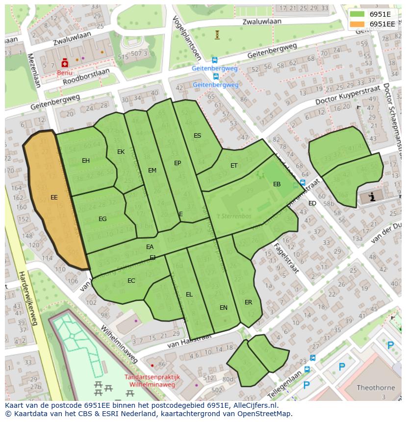 Afbeelding van het postcodegebied 6951 EE op de kaart.