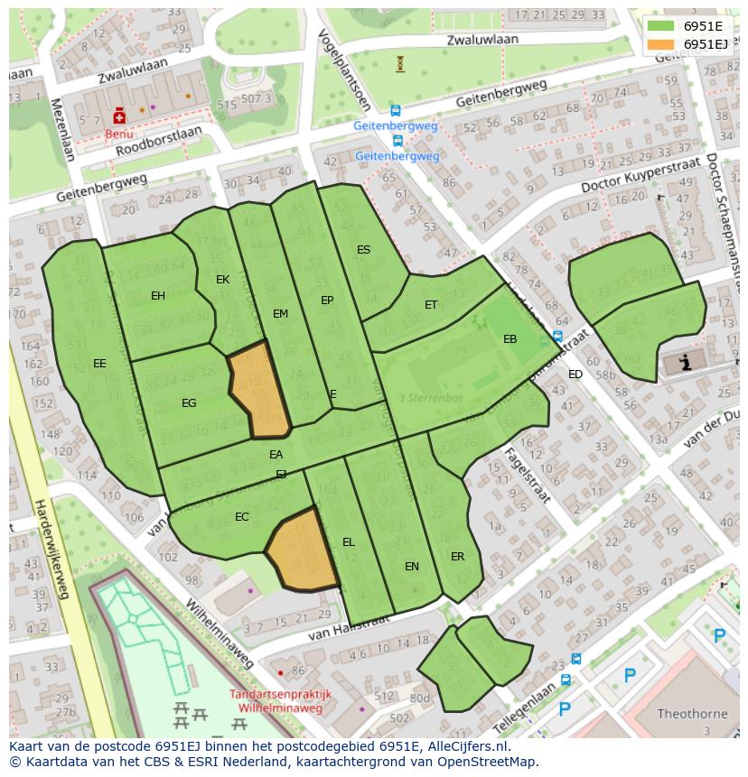 Afbeelding van het postcodegebied 6951 EJ op de kaart.